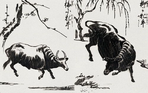 Twee ossen vintage houtsnede. Japanse kunst ukiyo-e. Retro Japandi.