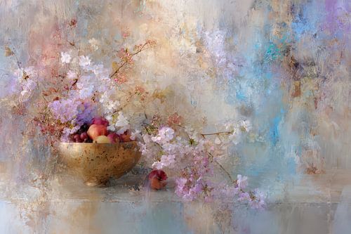 Nature morte, fruits et fleurs dans des tons pastel doux, rêveuse et romantique sur Joriali photographie et peintures