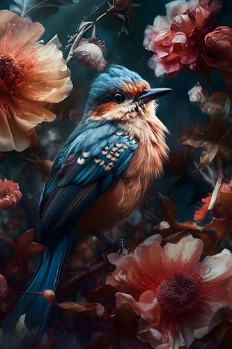 Oiseau parmi des fleurs colorées