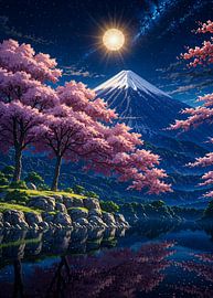 Cerisiers en fleurs Sakura au clair de lune Mont Fuji Paysage du Japon