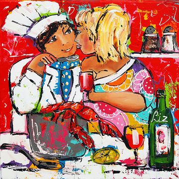 Cooking together by Vrolijk Schilderij