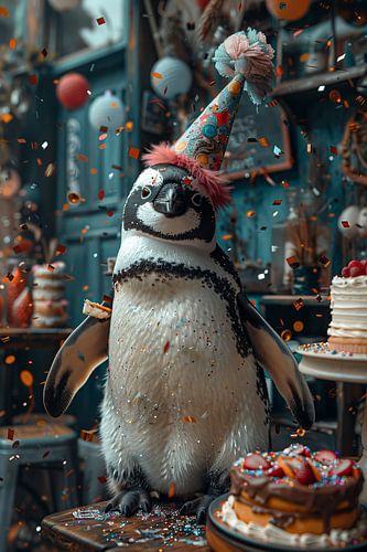 Grappige pinguïn met verjaardagshoed en confetti
