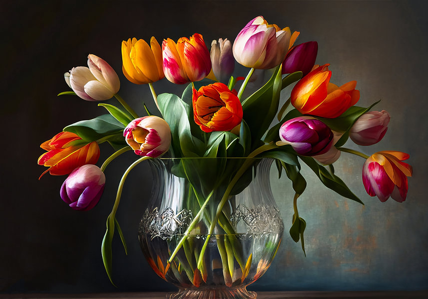 Modern stilleven van tulpen in een glazen vaas van Roger VDB op canvas ...