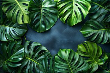 Monstera Bladeren op Blauwe Achtergrond van Art & Soul Creations