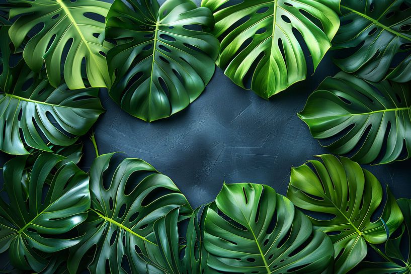Monstera Bladeren op Blauwe Achtergrond van Art & Soul Creations