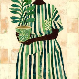 Afrikanische Frau mit grüner Pflanze in beruhigendem Stil von But First Framing