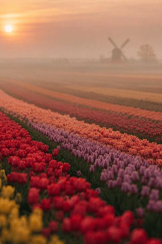 Dutch Sunrise Bloom – Champ de tulipes « Fine-Art » avec moulin à vent
