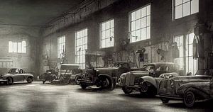 alte Autos in der Autowerkstatt, Illustration von Animaflora PicsStock