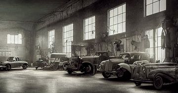 old cars in the garage, illustration by Animaflora PicsStock