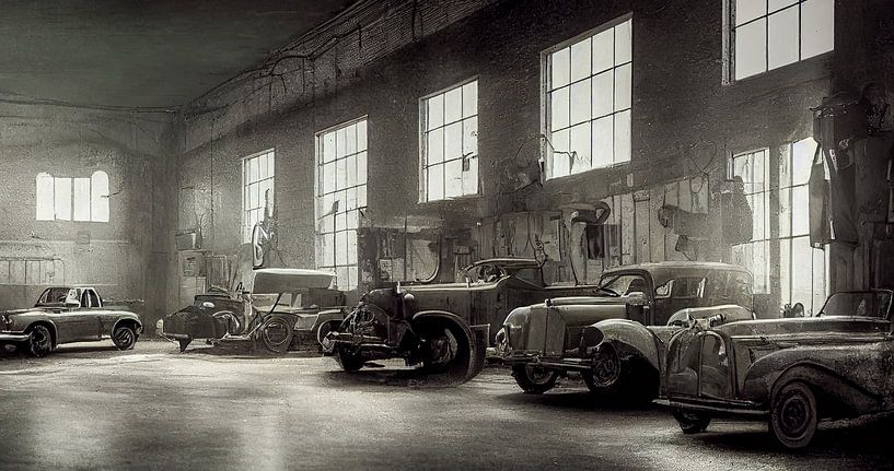 alte Autos in der Autowerkstatt, Illustration von Animaflora PicsStock