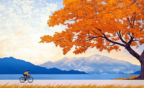 Cycliste sous un arbre d'automne avec vue sur la montagne