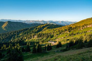 Uitzicht vanaf de Hochgrat op de Allgäu/Kleinwalsertaler Alpen van Leo Schindzielorz