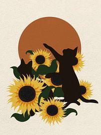 Art minimal chat jouant avec une fleur de soleil sur RickyAP