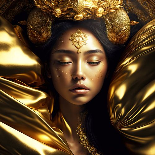 Spiritueel Portret van Vrouw slapend in goud satijn