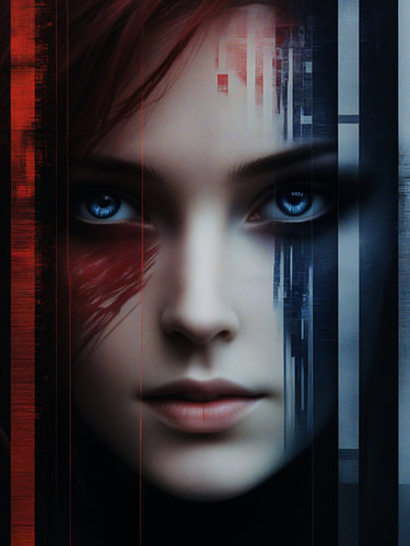 Red or blue – krachtig rood-blauw glitch art vrouwenportret