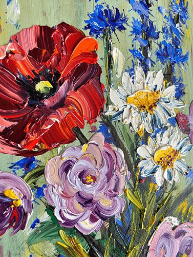 Peinture à l'huile florale aux couleurs vives et à l'impasto représentant des coquelicots rouges