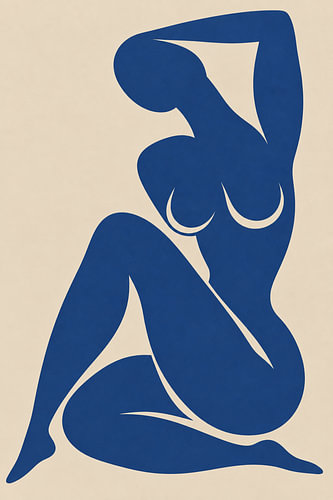 Inspiriert von Henri Matisse – Abstrakter blauer weiblicher Akt | Moderne, minimalistische Frauenfigur, zeitgenössische Wandkunst