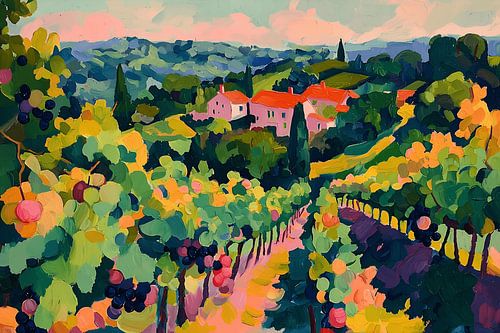 Vineyards with country house in sunny hilly landscape