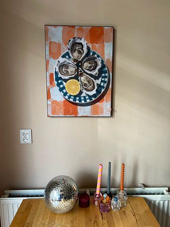 Oysters on orange tablecloth