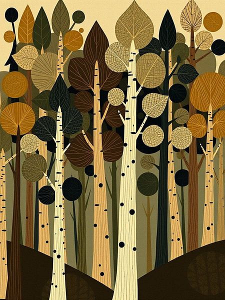 Une symphonie automnale d'arbres abstraits et de feuilles dorées par Artistic