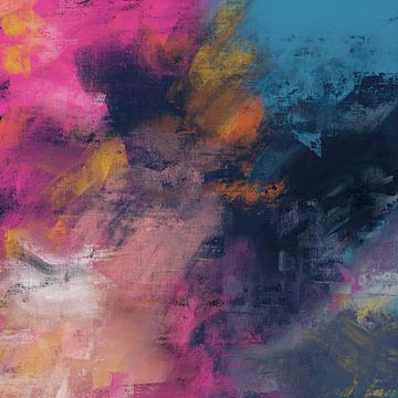Abstract in roze, geel, oranje en blauwtinten van Studio Allee