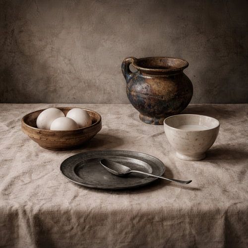 Oud hollands stilleven met tin, aardewerk en eieren