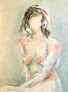 Sitzender weiblicher Akt in sanften Farben. Handbemaltes Aquarell
