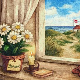 Maison d'été au Danemark – Vue depuis la fenêtre sur le chemin menant à la plage sur Sabine Wagner