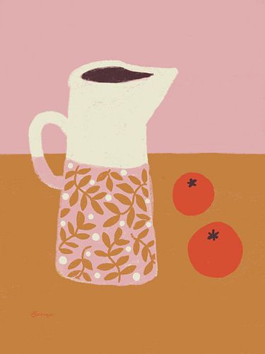 Krug mit Orangen - Bunte Illustration in Ockergelb und Rosa von Anna Benge
