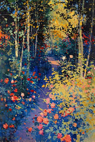 Schilderij van een kleurrijk bos met bloemen