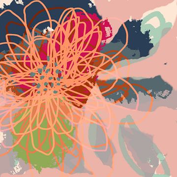 Kleurrijke bloem. Moderne abstracte botanische kunst in oranje, groen, blauw en roze van Dina Dankers