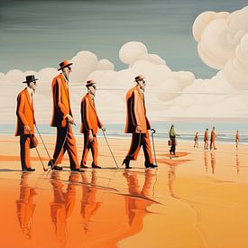 Surreal beach scene walk men orange reflections by gm_designs