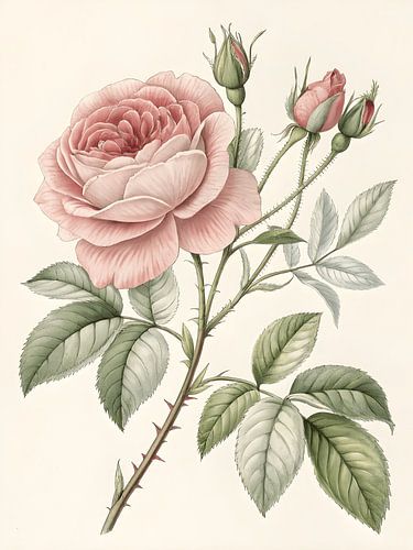 Vintage Pink Rose Botanical Study