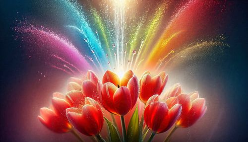 Een vuurwerk van kleuren achter rode tulpen