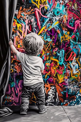 Kind en kleurrijke graffitiwand