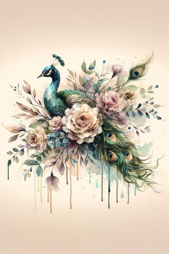 Peacock in flower bouquet