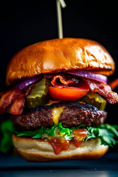 Saftiger Burger mit Bacon und frischem Gemüse von Poster Art Shop