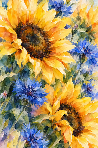 Sonnenblumen und Kornblumen in Aquarell