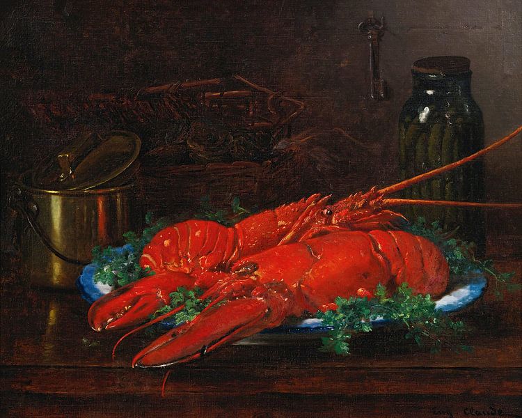 Stilleben eines Hummers mit einem Kupfertopf auf einem Felsvorsprung, Eugène Claude von Meisterhafte Meister