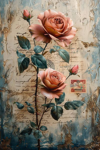 Nostalgic rose on vintage stationery background by Poster Art Shop