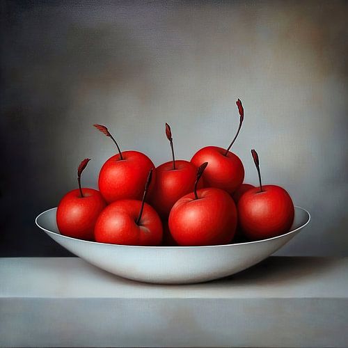 nature morte moderne, bol blanc avec pommes rouges