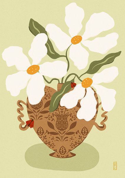 White flowers in a Greek Vase Illustration by Dirkie Nell
