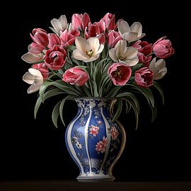 Wit en roze tulpen in een vaas van Rene Ladenius Digital Art