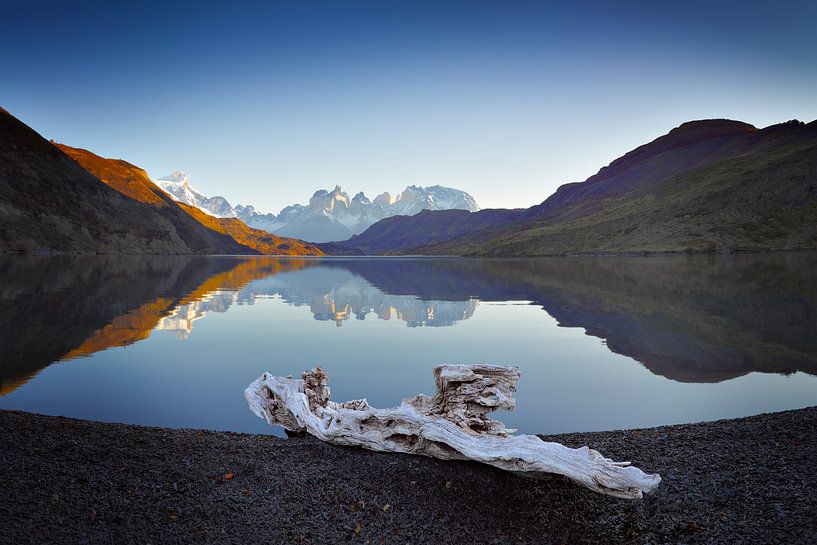 Landscape with lake and mountains in evening mood by Chris Stenger