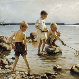 Boys Playing on the Shore van Antonije Lazovic
