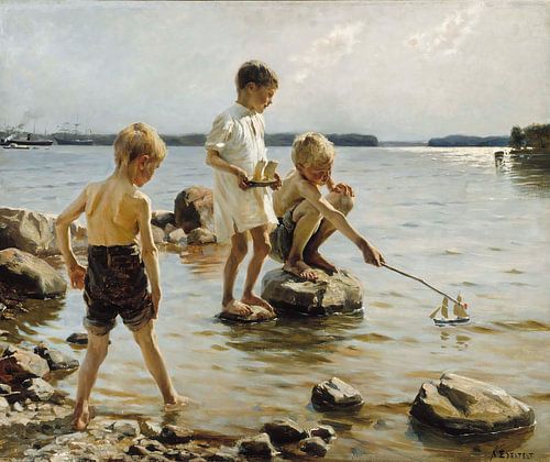 Garçons jouant sur le rivage sur Antonije Lazovic