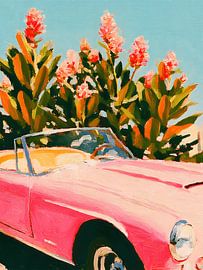 Une Ferrari rose sous un ciel bleu