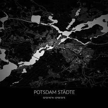 Carte en noir et blanc de Potsdam Städte, Brandenburg, Allemagne. sur Rezona