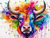 Watercolour portrait of a bull with bright colours 'Primal power' by Dutch Art Works thumbnail