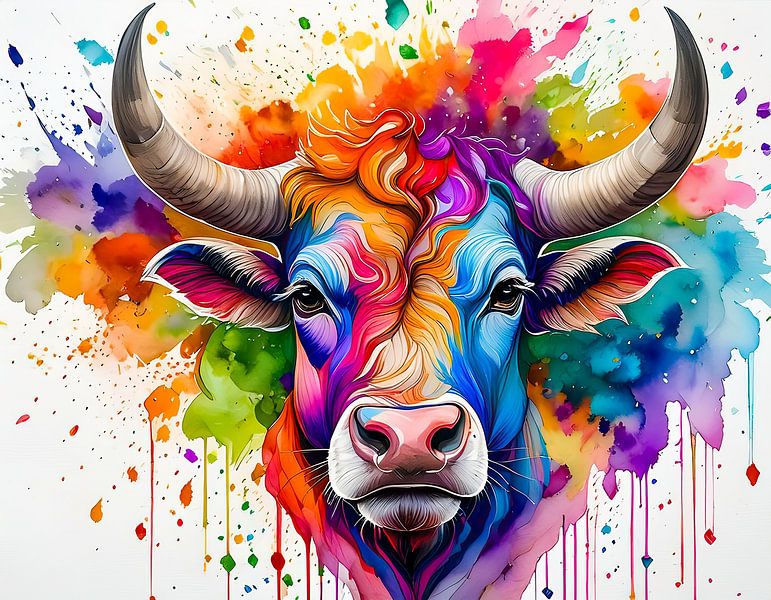 Watercolour portrait of a bull with bright colours 'Primal power' by Dutch Art Works